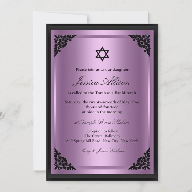 Elegante Roxo e Bat Negro Mitzvah Convite (Frente)