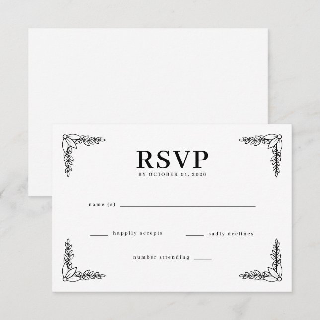 Elegante RSVP Botânico Preto (Frente/Verso)