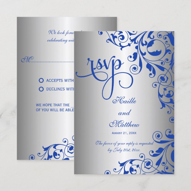 Elegante RSVP com Redemoinhos Azul Real e Prata (Frente/Verso)