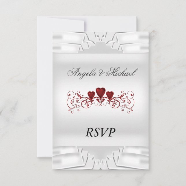 Elegante RSVP de Casamento Branco com Corações Ver (Frente)