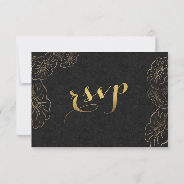 Elegante RSVP de casamento com folha de ouro e flo (Frente)