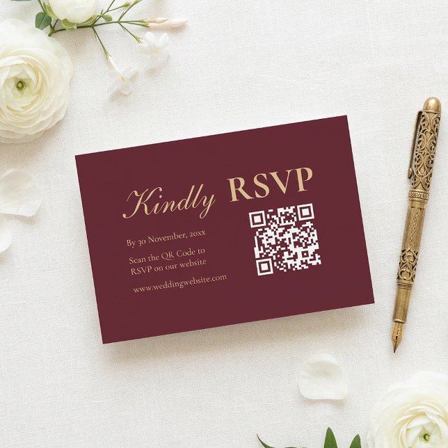 Elegante RSVP de Casamento em Burgundy Dourado com (Elegant Burgundy Gold Wedding RSVP with QR Code Card)