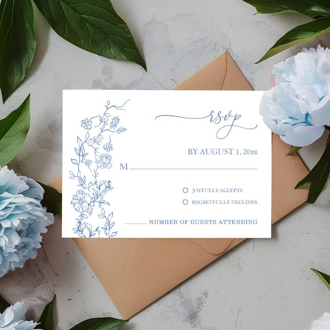 Elegante RSVP de Casamento vintage Azul Dusty (Vintage French Toile Blue Floral  Inspired wedding RSVP)