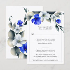 Elegante RSVP Floral Azul Real e Branco