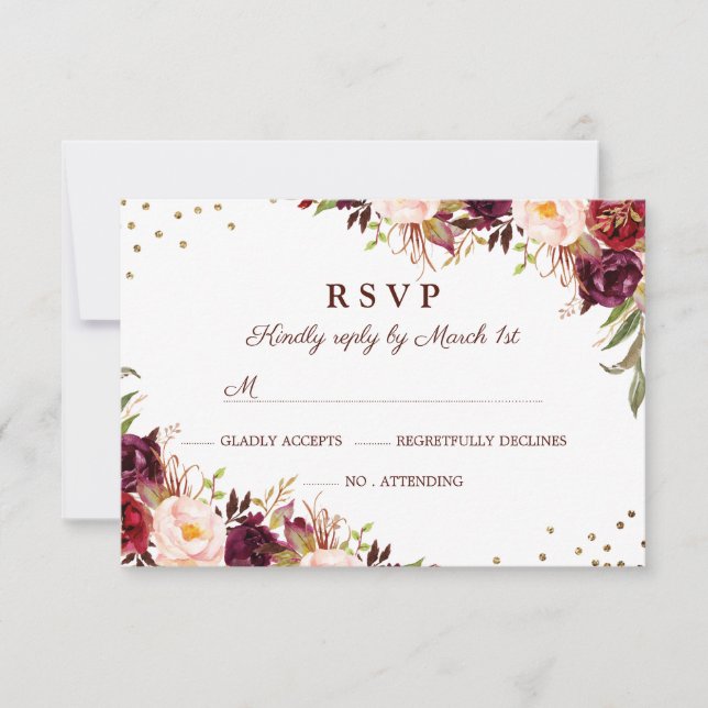 Elegante RSVP Floral Burgundy Dourado (Frente)