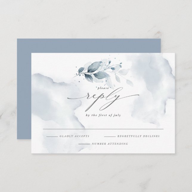 Elegante RSVP Watercolor Foliage Dusty Blue (Frente/Verso)