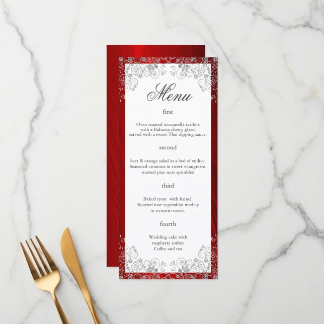 Elegante Ruby Red Quatro Cursos Menu Casamento (Frente/Verso In Situ)