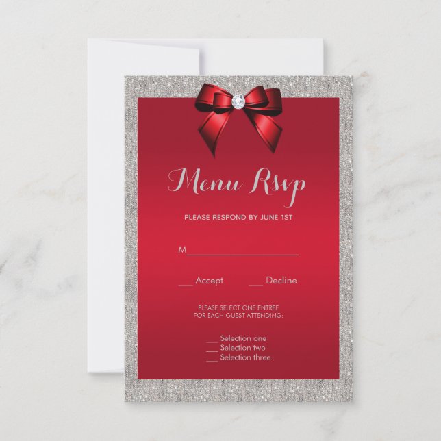 Elegante Ruby Red, RSVP de Menu de Casamento Glitt (Frente)