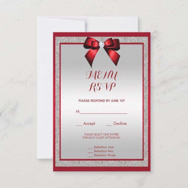 Elegante Ruby Red & Silver Glitter Menu Casamento (Frente)