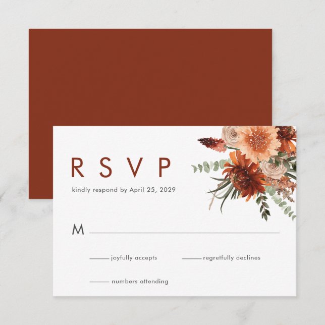 Elegante Rust Watercolor Floral Weding RSVP (Frente/Verso)
