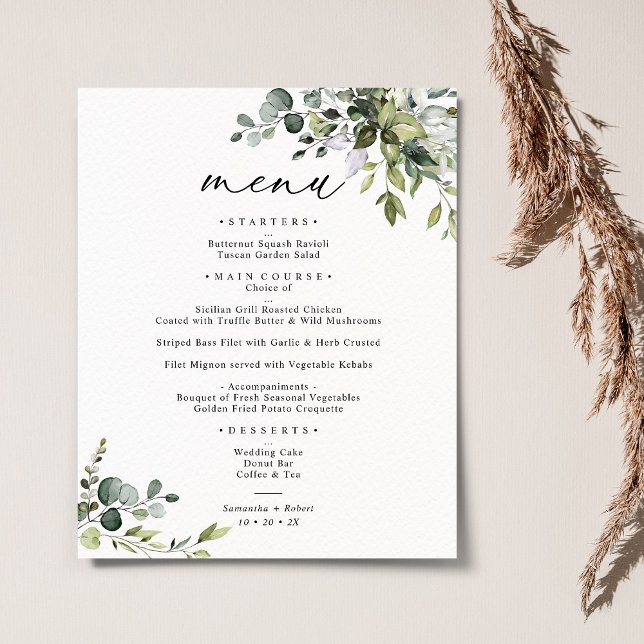 Elegante Rustic Eucalyptus Greenery Menu Casamento (Criador carregado)