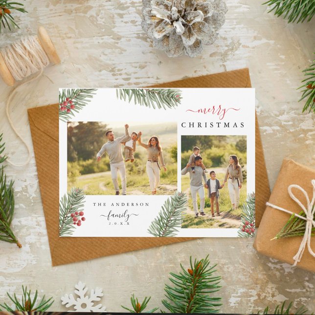 Elegante Rustic Pine Christmas 2 Custom Photo Invi (Criador carregado)