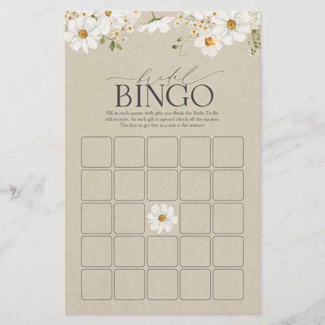Elegante Rustic Watercolor Daisy Bridal Bingo (Frente)