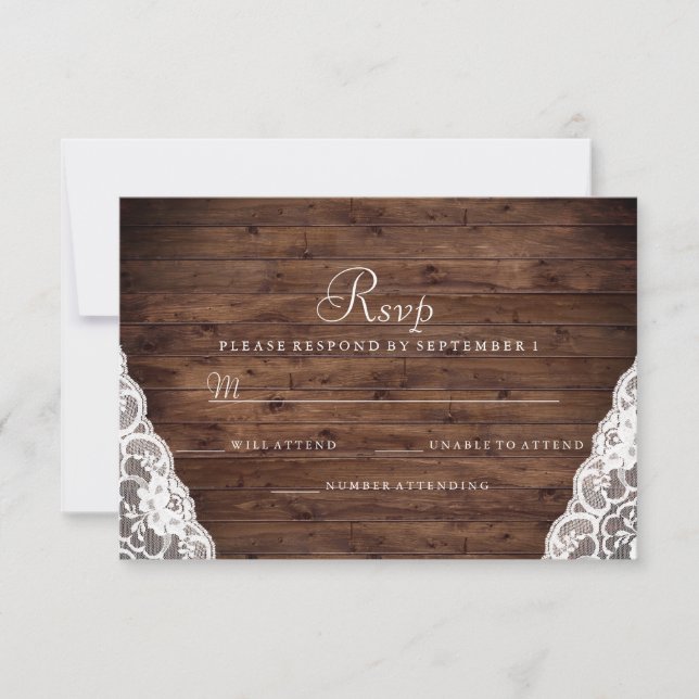 Elegante Rustic Wood White Lace Casamento RSVP (Frente)