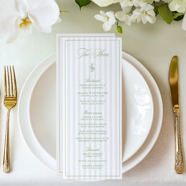 Elegante Sage Green & Beige Striped Weding Menu (Elegant Sage Green & Beige Striped Wedding Menu)