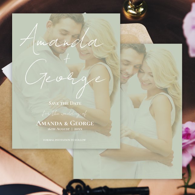 Elegante Sage Green Faux Vellum Foto para salvar a (Elegant Sage Green Faux Vellum Photo Save the Date)