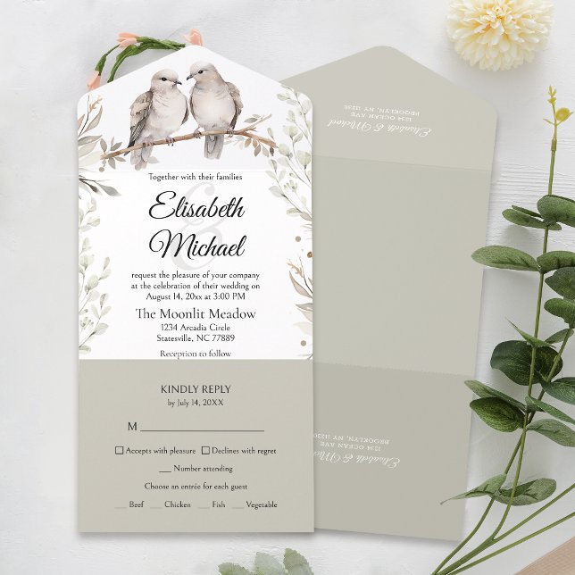Elegante Sage Green Meal Entree RSVP (Simplify your wedding with our all-in-one invitation – convenience and beauty in a single card.)