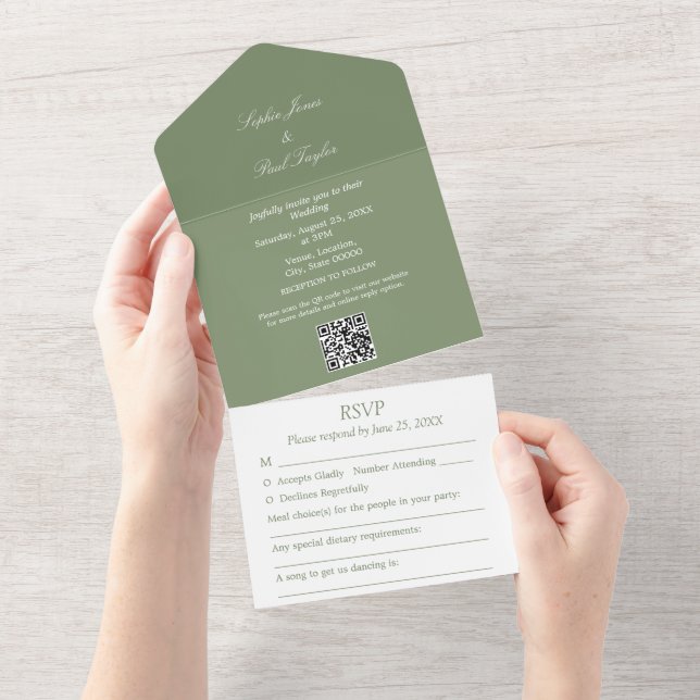 Elegante Sage Verde Tudo em Um Convite de casament (Aba destacável)