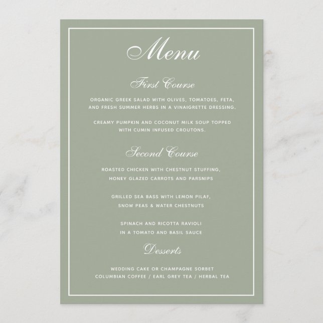 Elegante Sage White Script Wedding Menu (Frente)