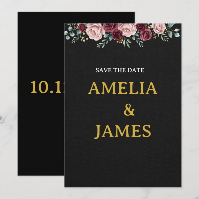 Elegante Save The Date Floral Preto e Borgonha (Frente/Verso)