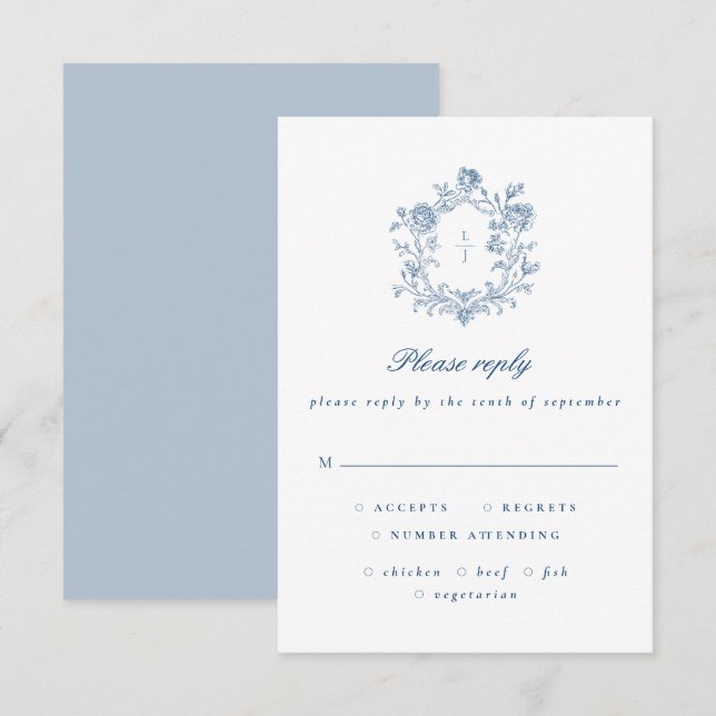 Elegante Script Blue Floral Crista Casamento RSVP (Frente/Verso)
