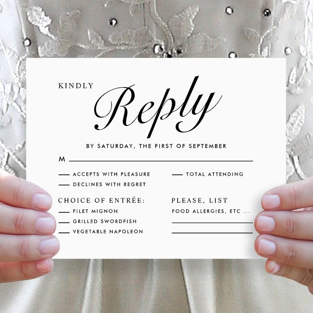 Elegante Script Moderno Preto e Branco Menu Escolh (Elegant Modern Script Black White Menu Choice RSVP Wedding Card)