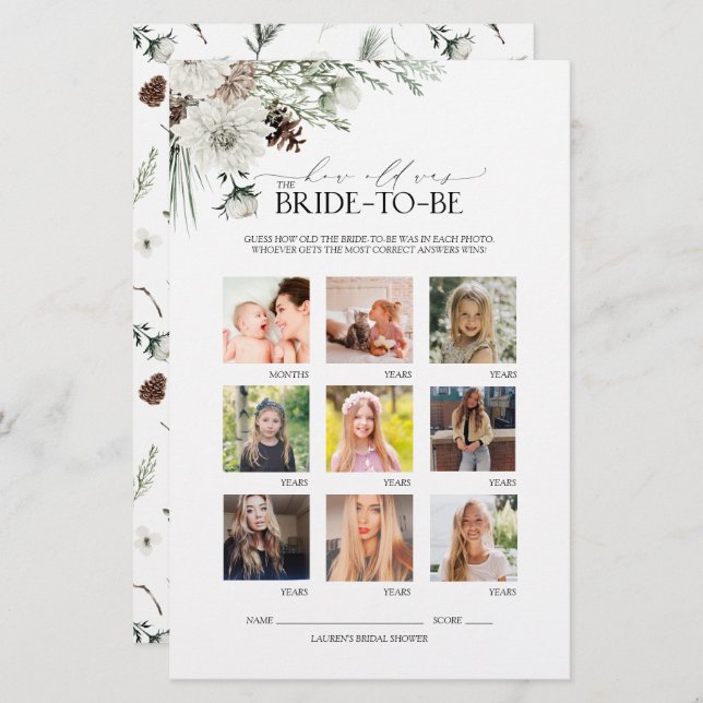 Elegante Script Winter Floral Chá de panela Game (Frente/Verso)