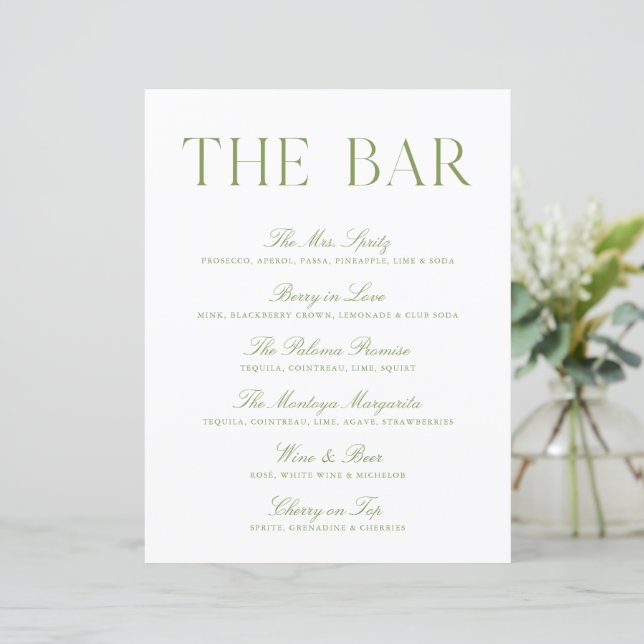 Elegante Sinal de Bar de Casamento em Verde Sage e (Em pé/Frente)
