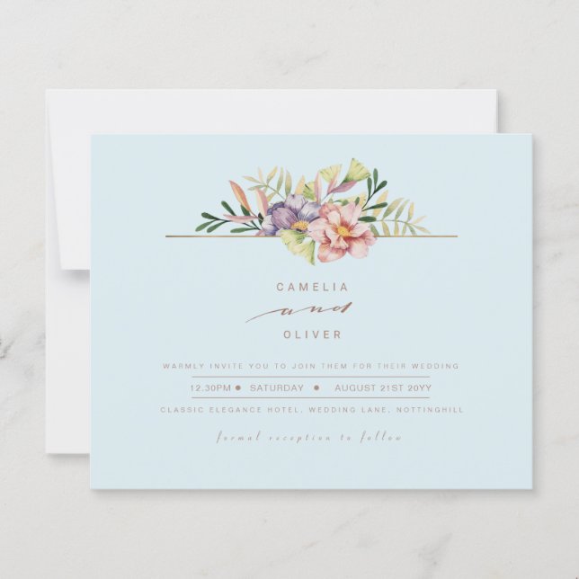 Elegante Sky Blue Summer Floral Convite de casamen (Frente)