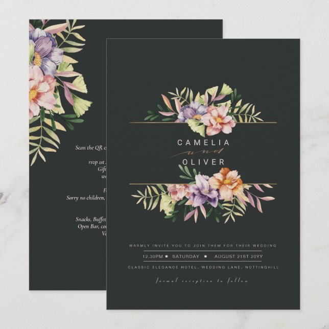 Elegante Summer Floral Convite de casamento QR Cod (Frente/Verso)