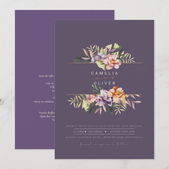 Elegante Summer Floral Convite de casamento QR Cod (Frente/Verso)