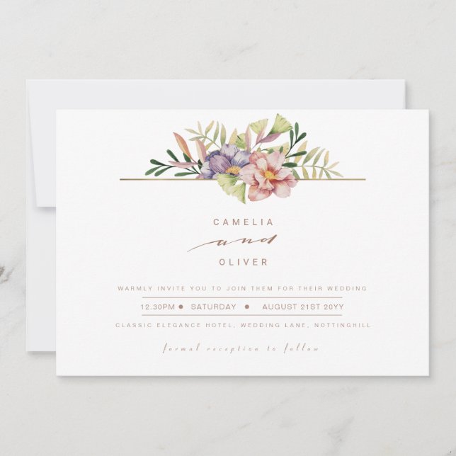 Elegante Summer Floral Convite de casamento QR Cod (Frente)