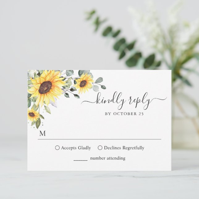 Elegante Sunflower Eucalyptus Floral Wedding RSVP (Em pé/Frente)