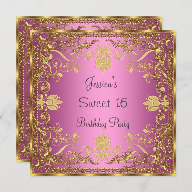 Elegante Sweet 16 rosa Dourado Convite (Frente/Verso)