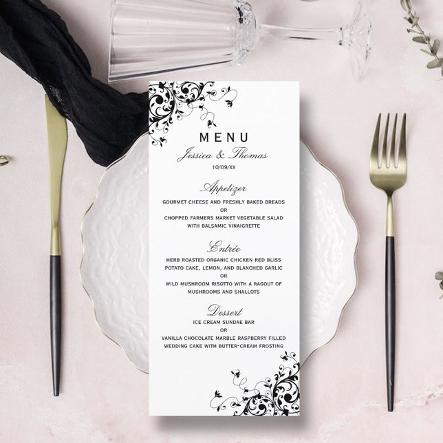 Elegante Swirls Black & White Wedch Menu (Criador carregado)