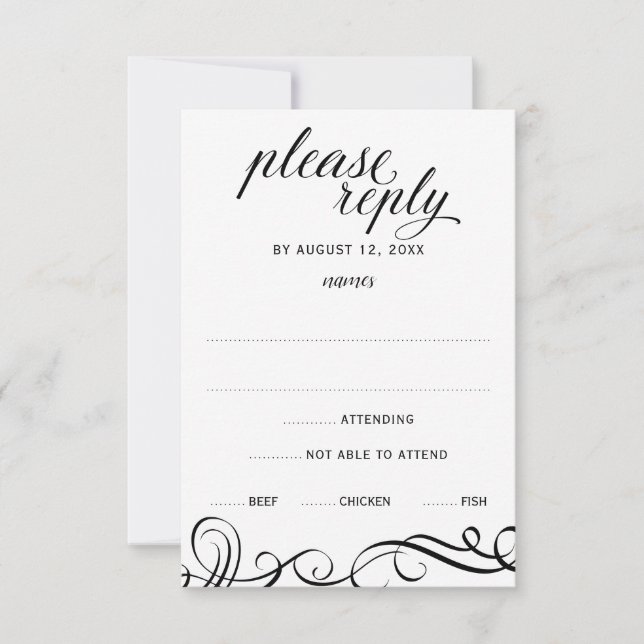 Elegante Swirls Wedding RSVP c/ Meal Choice (Preto (Frente)