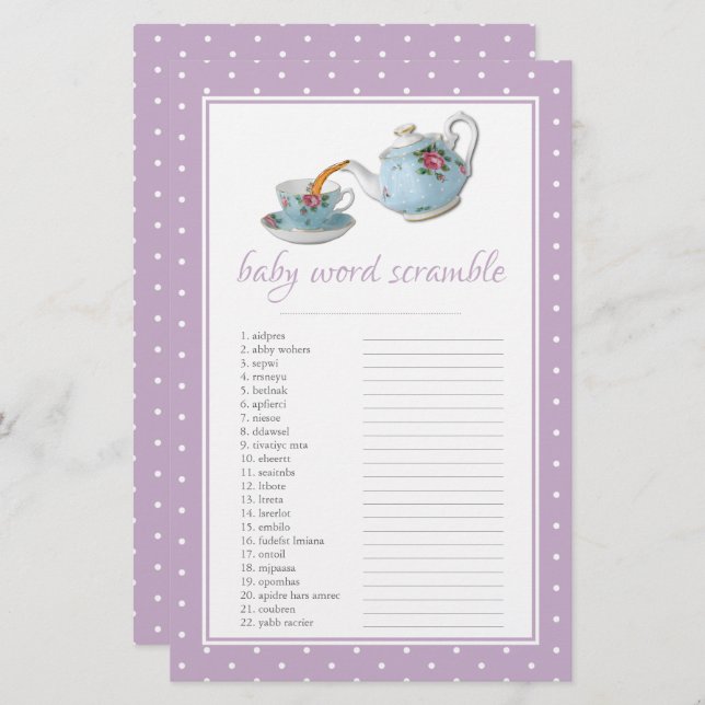 Elegante Teacups Chá de fraldas Tea Party Palavra  (Frente/Verso)