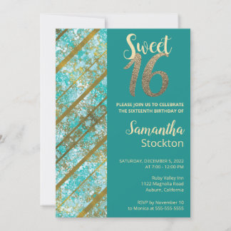 Elegante Teal e Dourado Convite de Aniversário