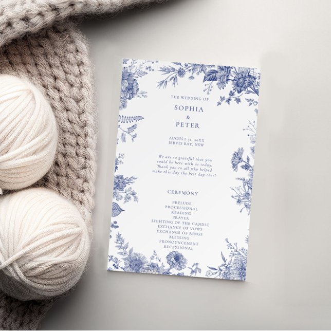 Elegante Toile French Blue Floral Ceremony Program (Criador carregado)