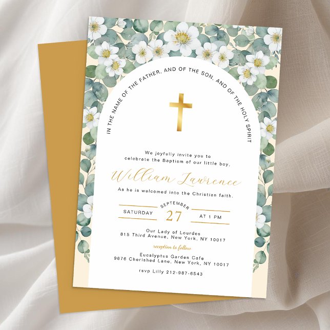 Elegante Verde e Batismo Floral Convite (Gender Neutral Baptism Invitation)