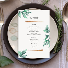 Elegante Verde e Dourado Menu de Casamento Minimal