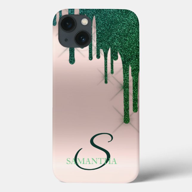 Elegante Verde Glitter Drips Rose Gold  (Verso)