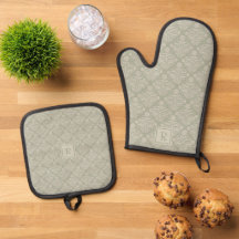 Elegante Verde Sage Claro Creme Damasco Monograma