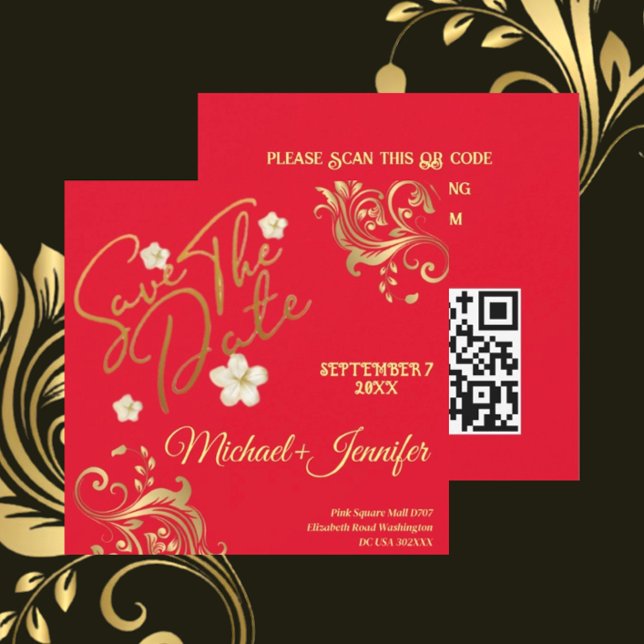 Elegante Vermelho E Dourado QR Salve O Convite De  (Criador carregado)