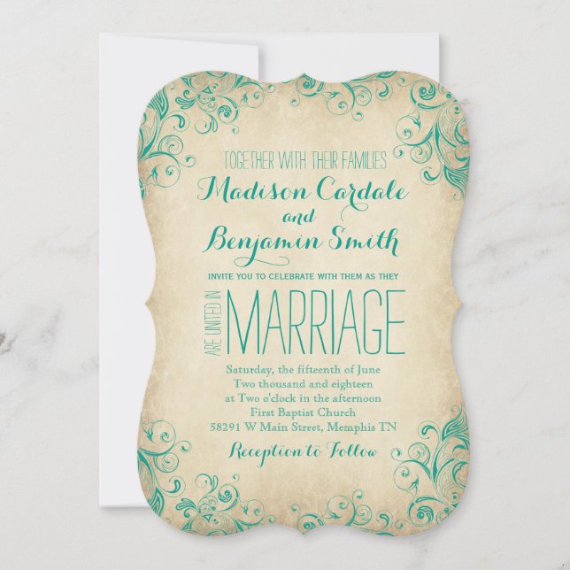 Elegante Vintage Aqua Flourish Wedings Convites (Frente)
