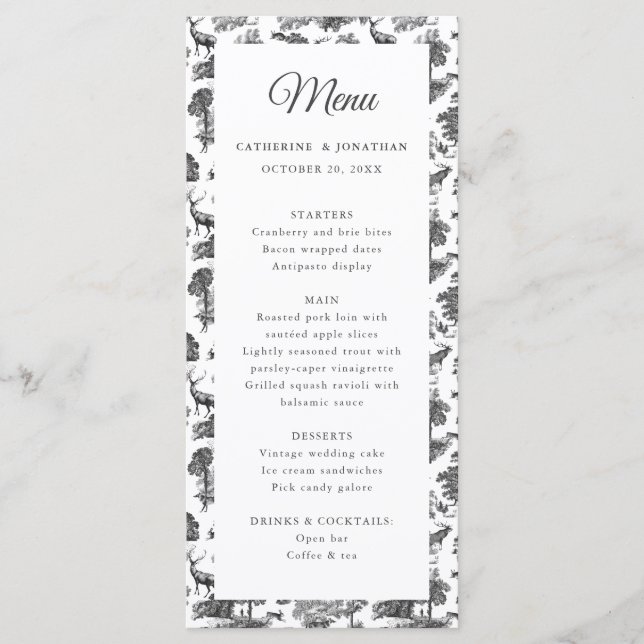 Elegante Vintage Black White Toile Deer Menu (Frente)