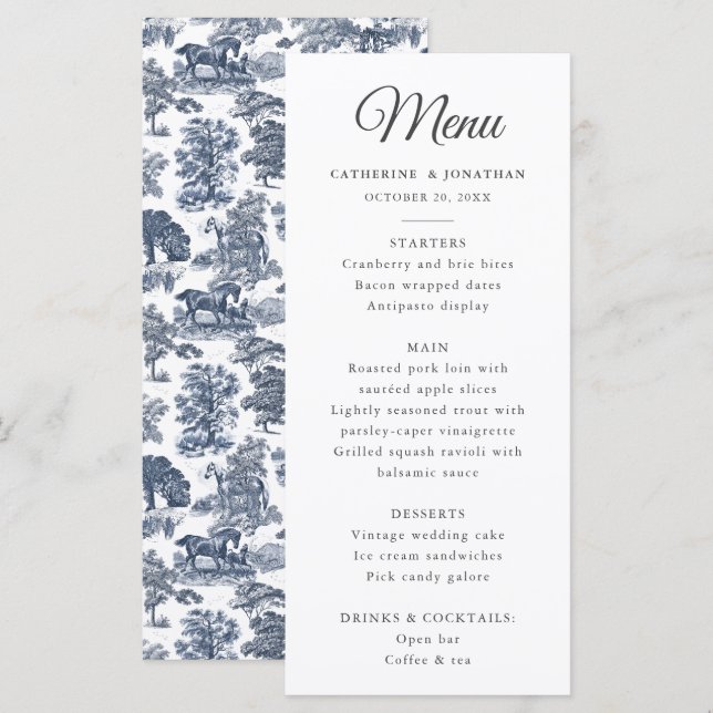 Elegante Vintage Chic Blue Horse Menu (Frente/Verso)