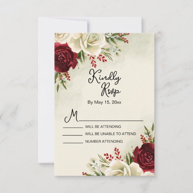 Elegante Vintage Red White Roses Casamento RSVP Ca (Frente)