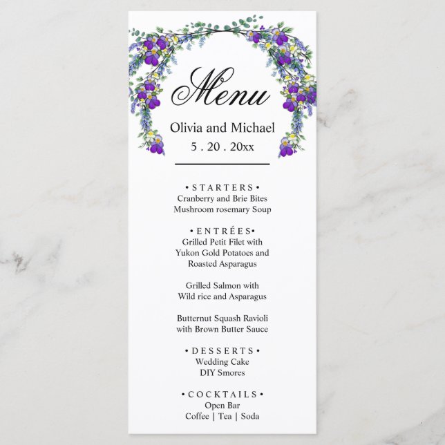 Elegante violetas de aquarela, Menu de Casamento (Frente)