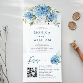 Elegante Watercolor Blue Hydrangea Código QR Casam